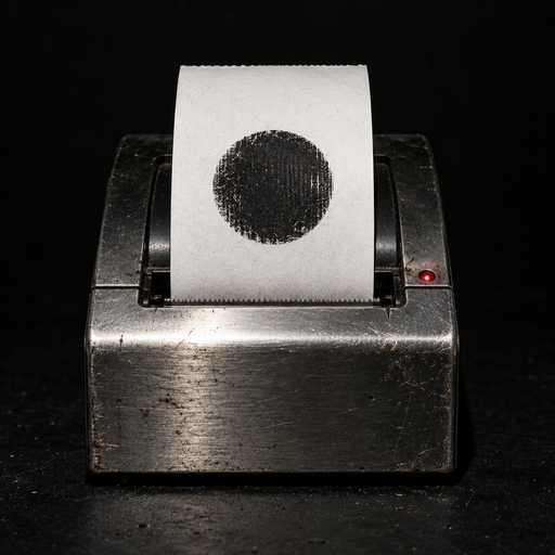 The Internet Receipt coin image: a worn metal receipt printer with a black circle printed on white paper